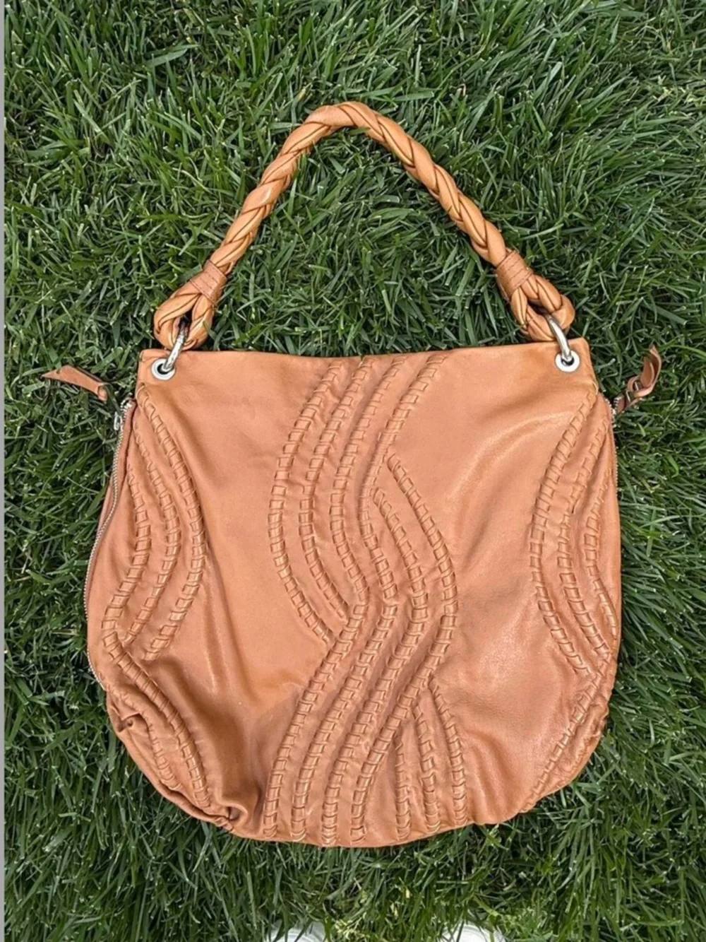 Fenn Wright Manson Braided Handle Tan Genuine Leather Hobo Bag w Silver Hardware - Picture 2 of 7